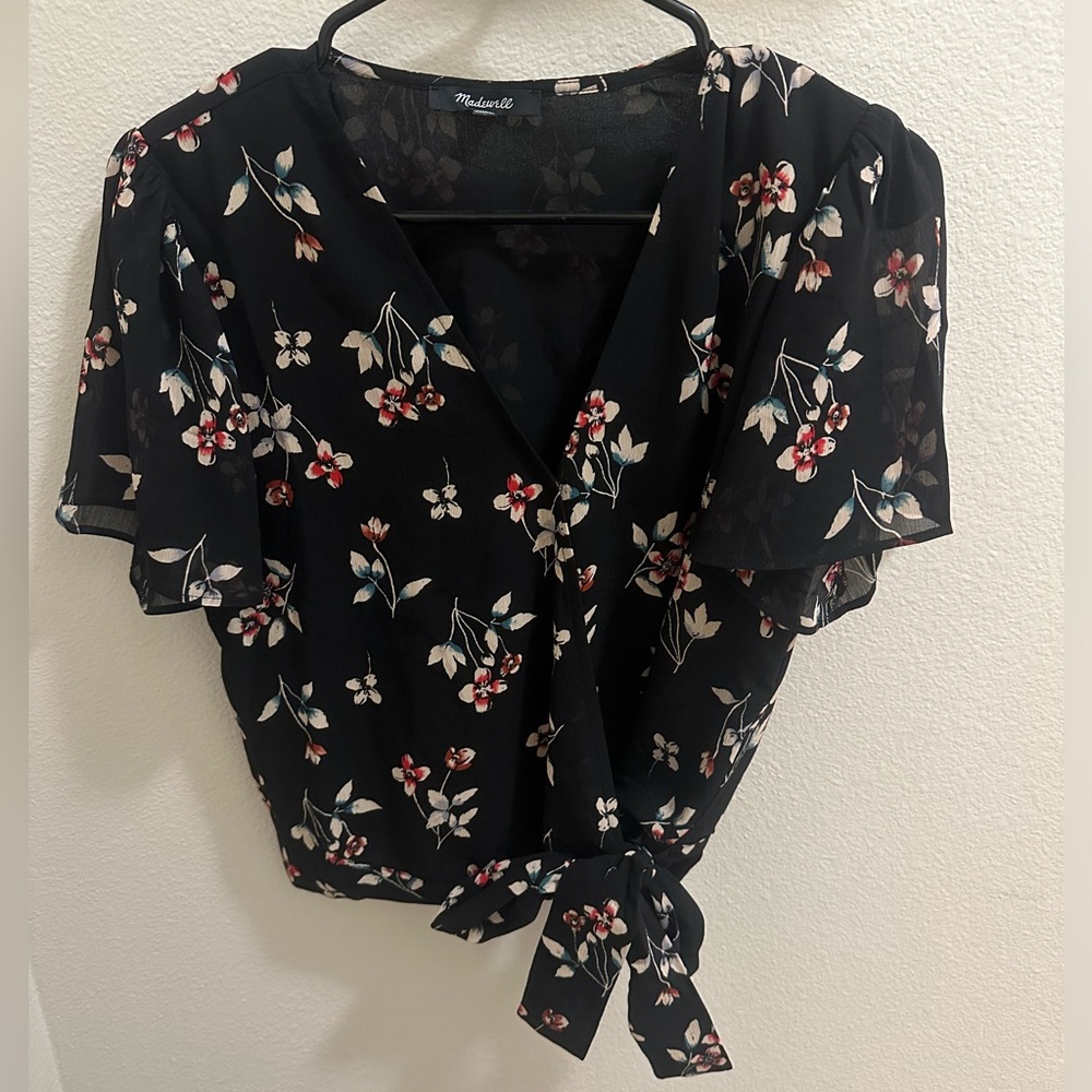 Madewell Botanical Print Wrap Top In True Black